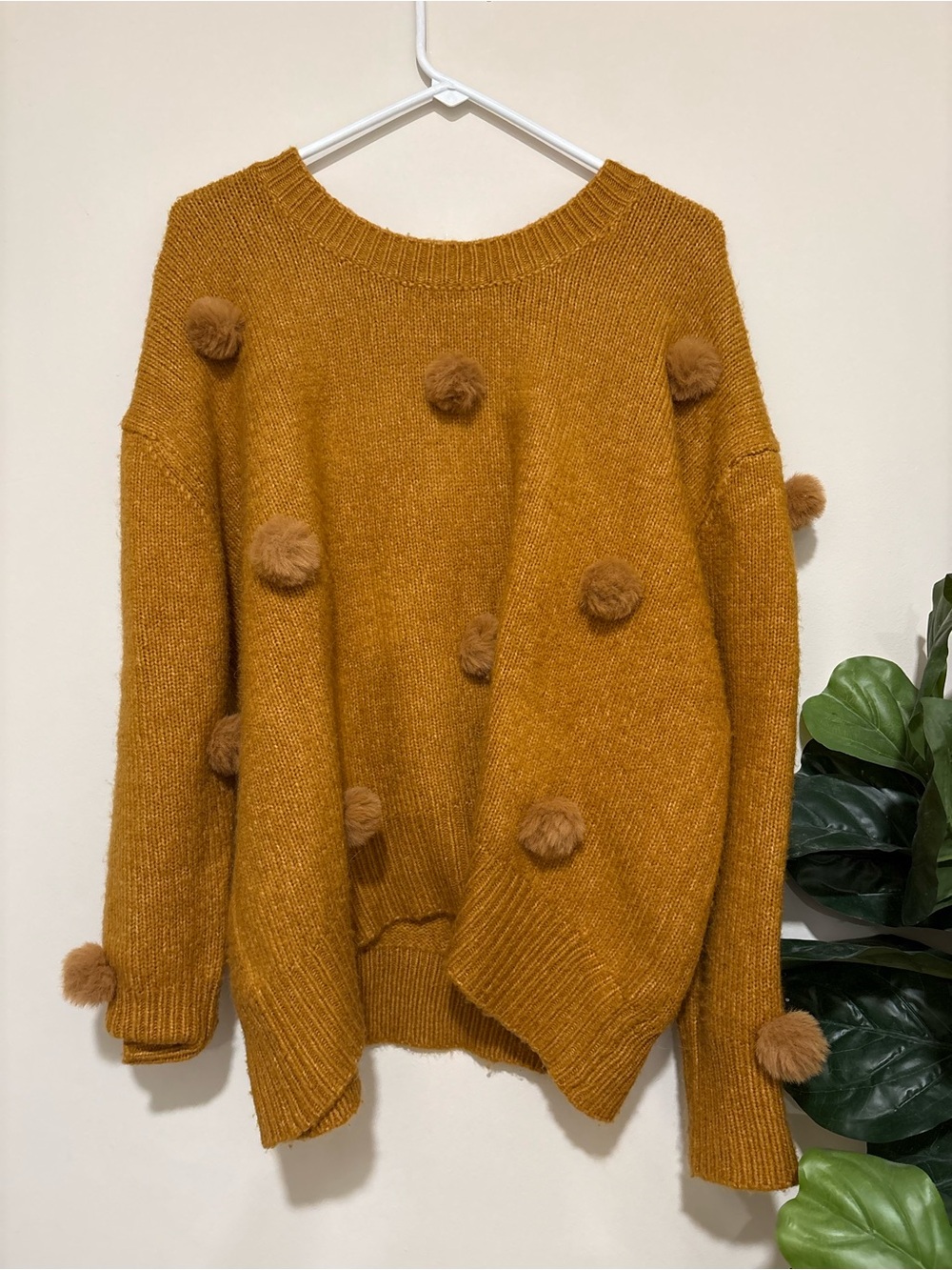Zara Mustard Pom-Pom Crewneck Sweater